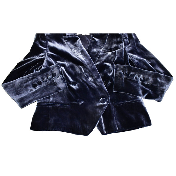 C0 Auth LAGENCE Ink Blue Velvet Double Breasted Cropped Jacket Blazer Size 6 - Picture 7 of 8